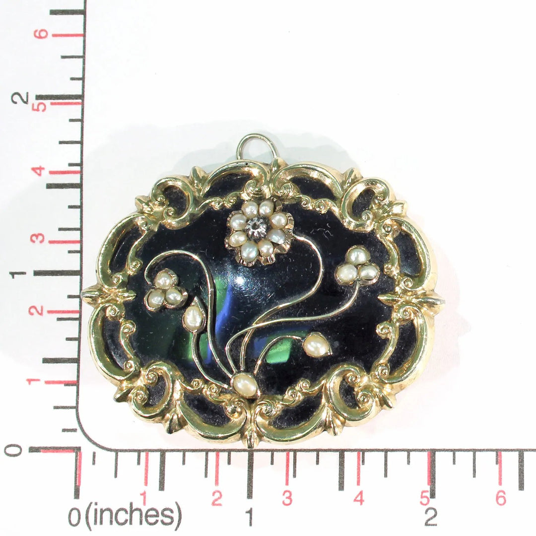 Georgian Black Enamel Pearl Diamond Memorial Brooch Pin in 15k Gold
