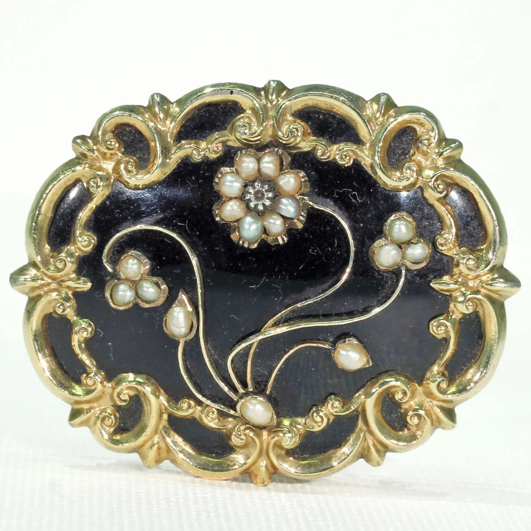 Georgian Black Enamel Pearl Diamond Memorial Brooch Pin in 15k Gold
