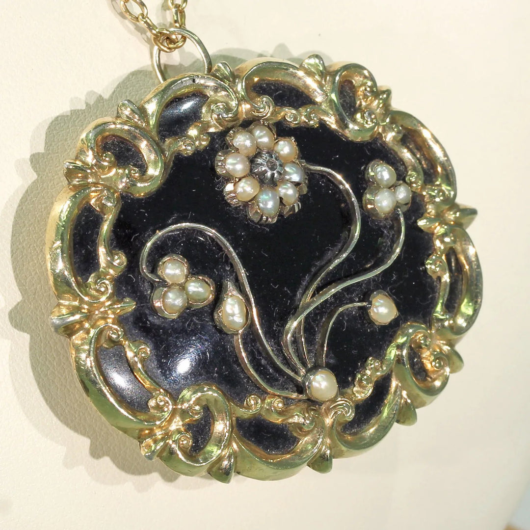 Georgian Black Enamel Pearl Diamond Memorial Brooch Pin in 15k Gold