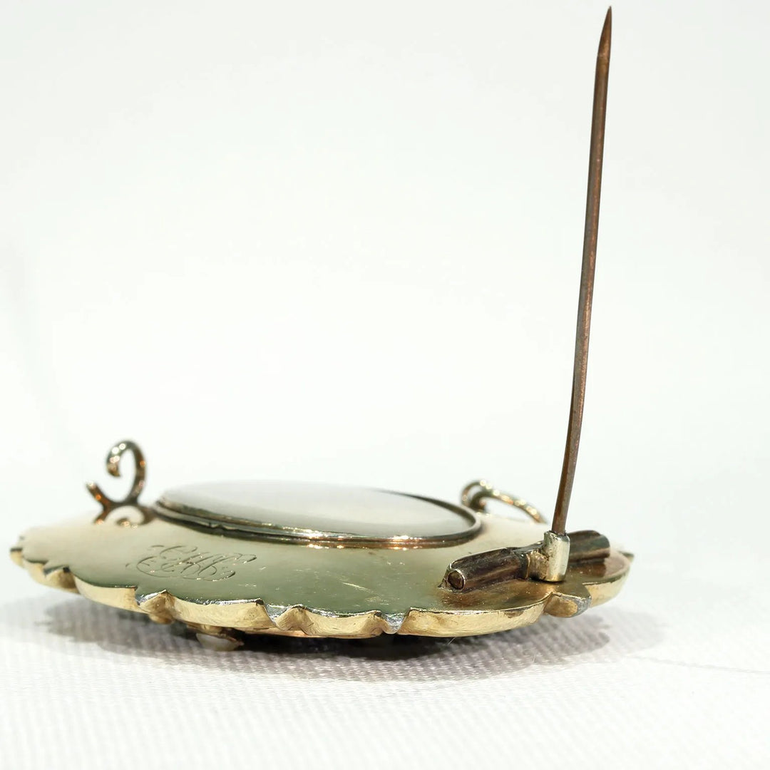 Georgian Black Enamel Pearl Diamond Memorial Brooch Pin in 15k Gold