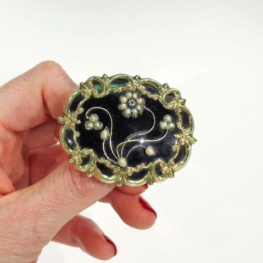 Georgian Black Enamel Pearl Diamond Memorial Brooch Pin in 15k Gold