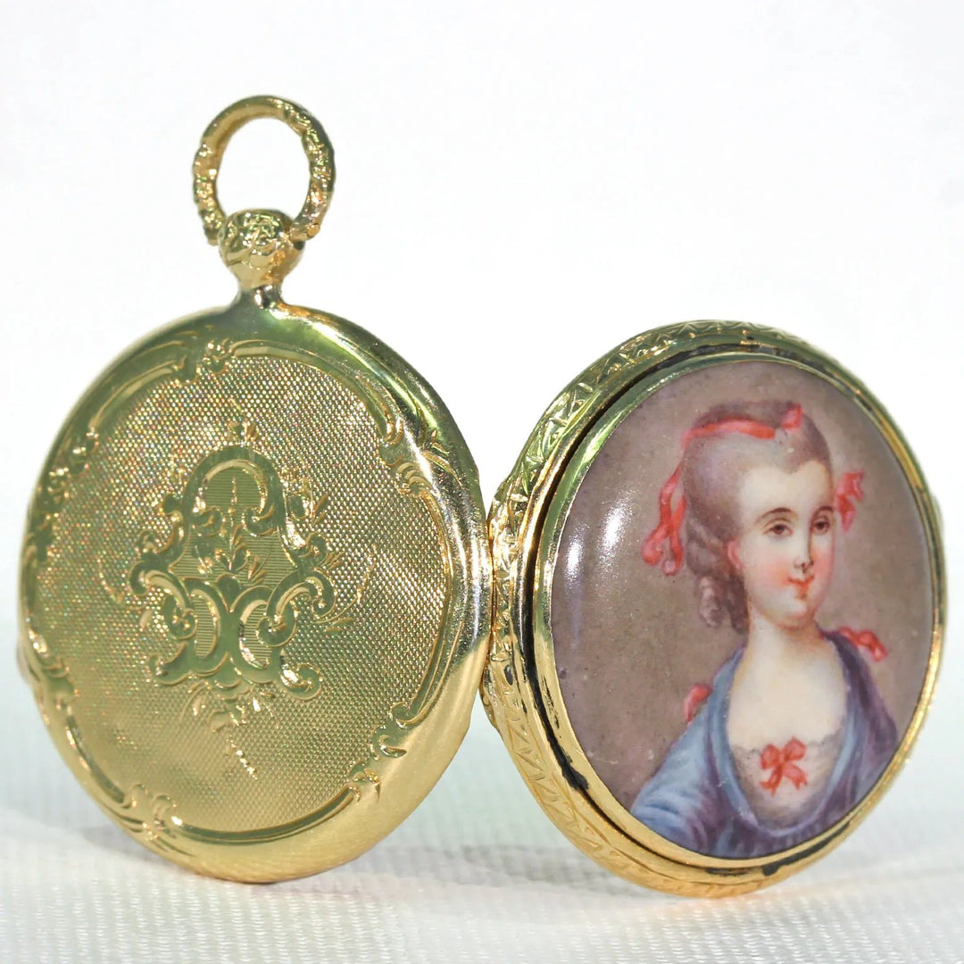 Georgian Enamel Portrait Locket Pendant 18k Gold