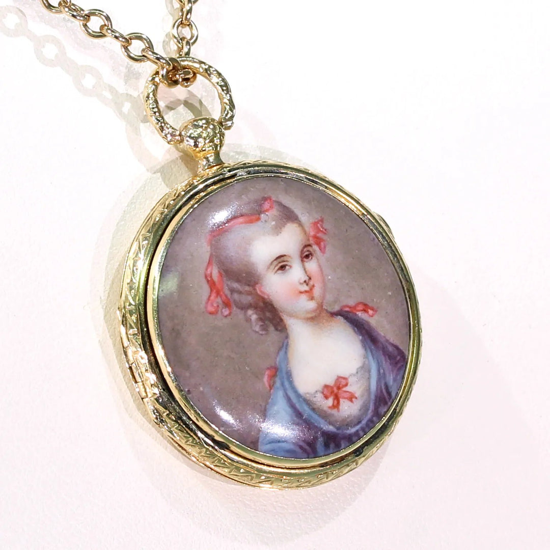 Georgian Enamel Portrait Locket Pendant 18k Gold