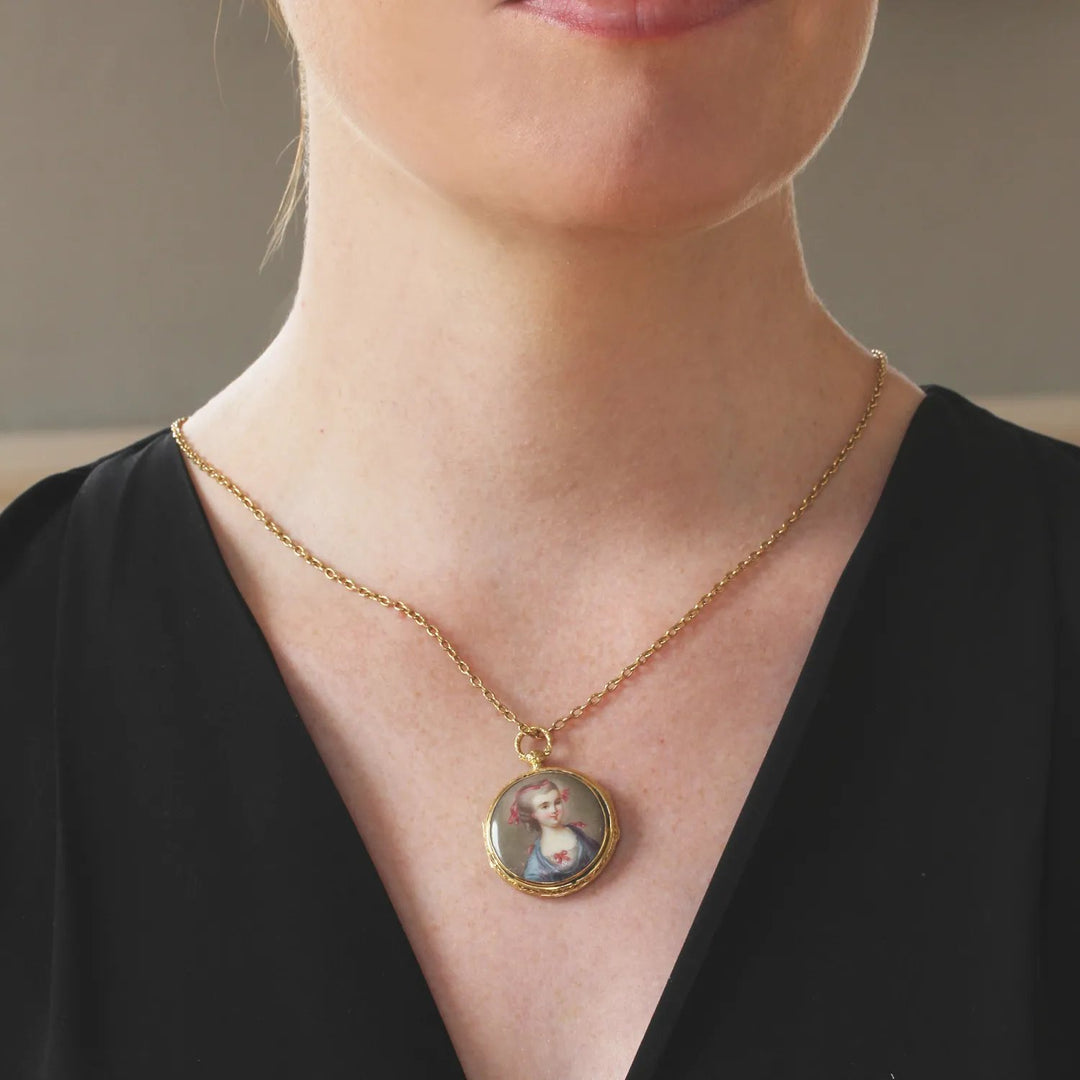 Georgian Enamel Portrait Locket Pendant 18k Gold
