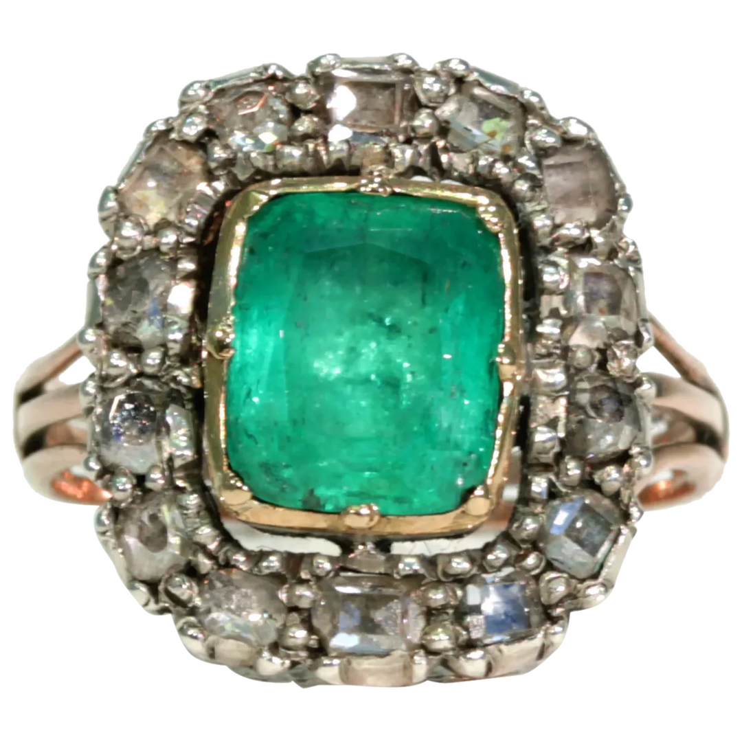 Georgian Untreated Emerald Diamond Ring c. 1720