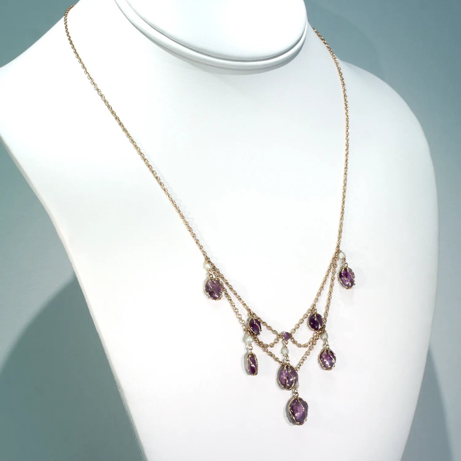 Gold Arts and Crafts Amethyst Pearl Drop Necklace