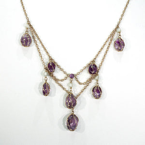 Gold Arts and Crafts Amethyst Pearl Drop Necklace