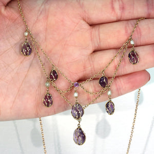 Gold Arts and Crafts Amethyst Pearl Drop Necklace