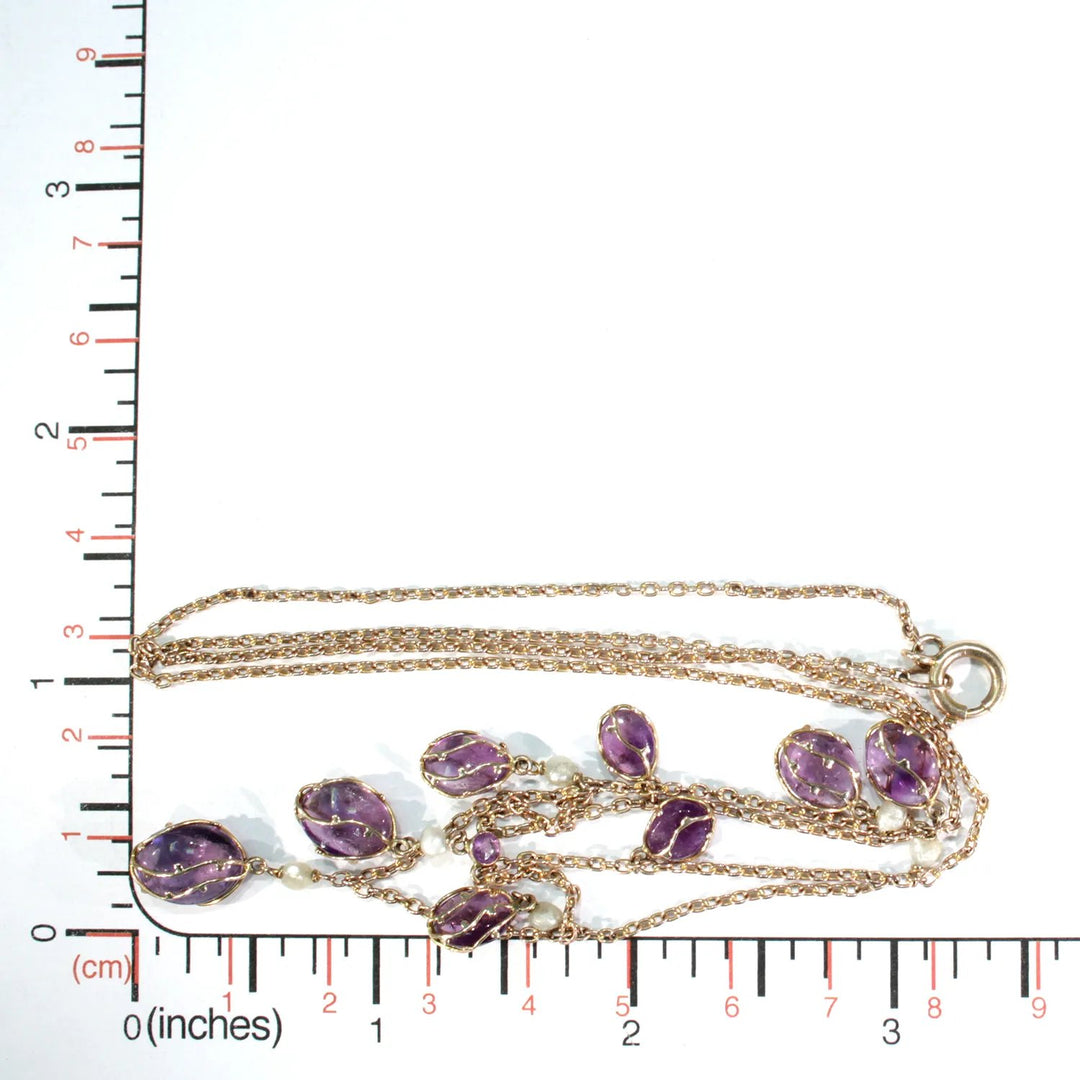 Gold Arts and Crafts Amethyst Pearl Drop Necklace
