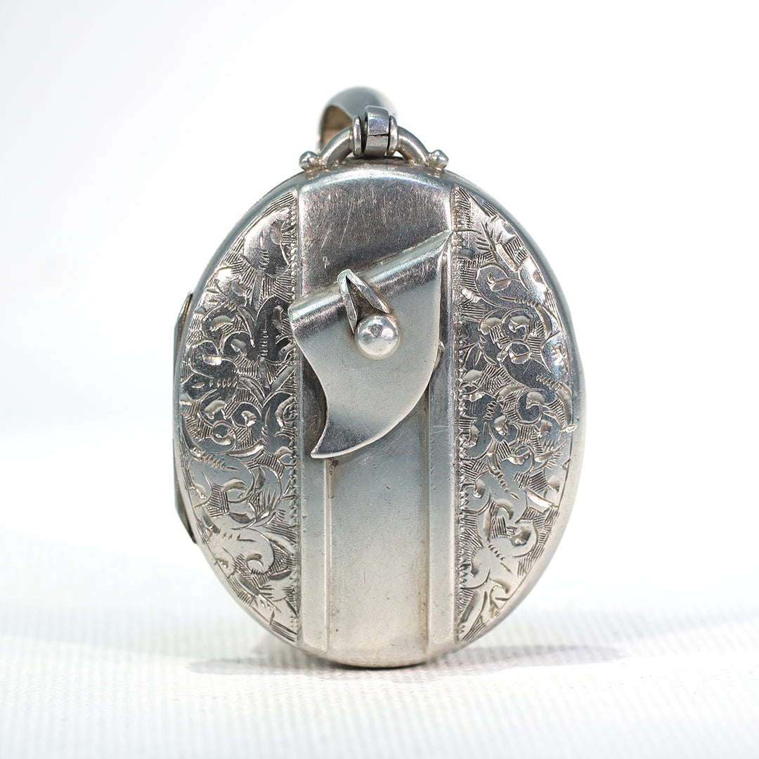 Victorian Silver Engraved Locket Pendant Belt Motif