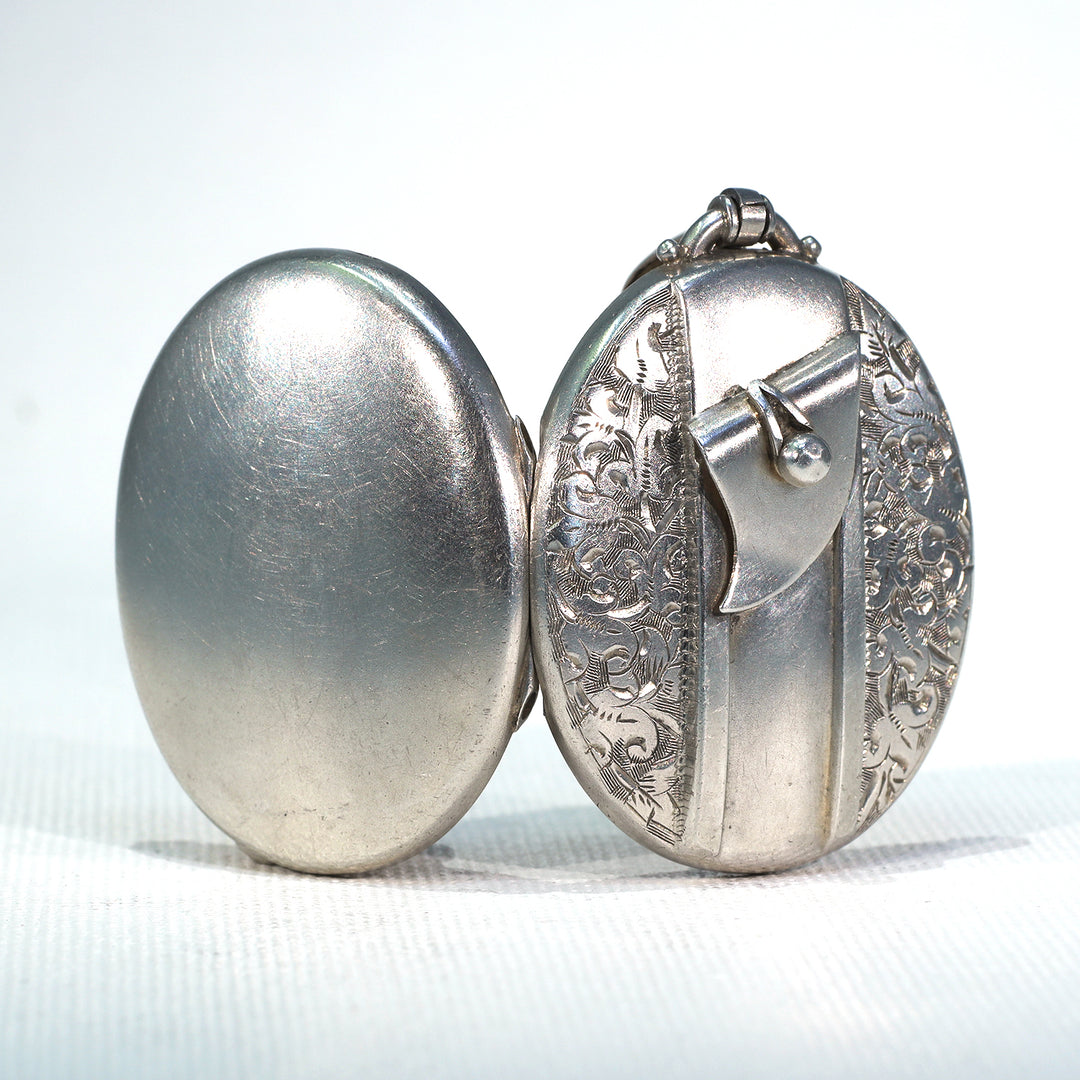 Victorian Silver Engraved Locket Pendant Belt Motif
