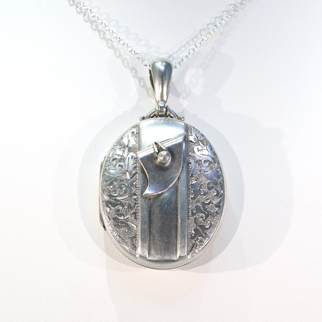 Victorian Silver Engraved Locket Pendant Belt Motif