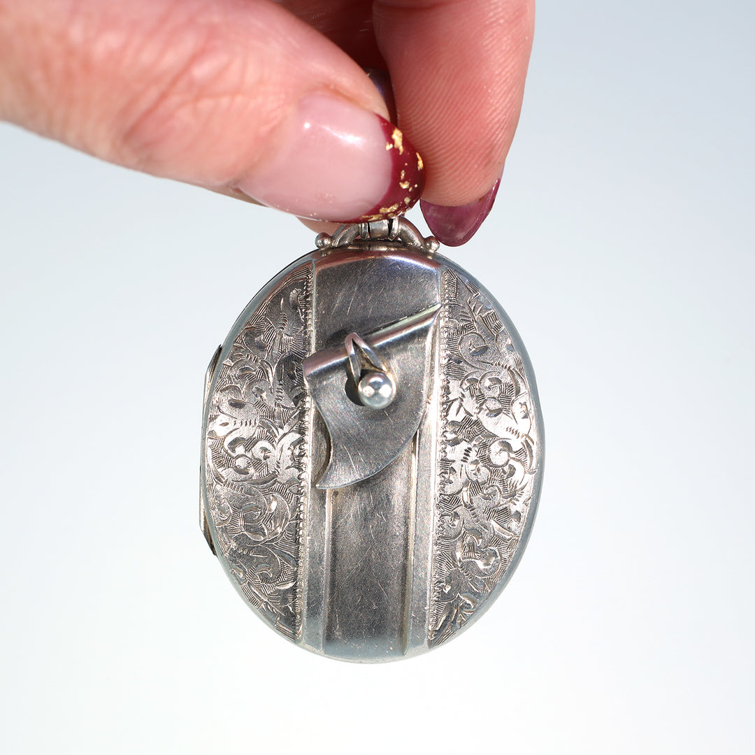 Victorian Silver Engraved Locket Pendant Belt Motif