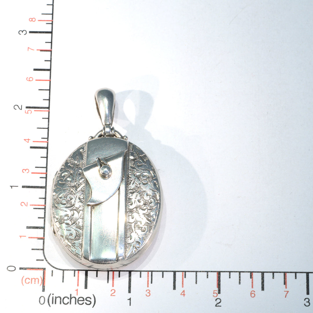 Victorian Silver Engraved Locket Pendant Belt Motif