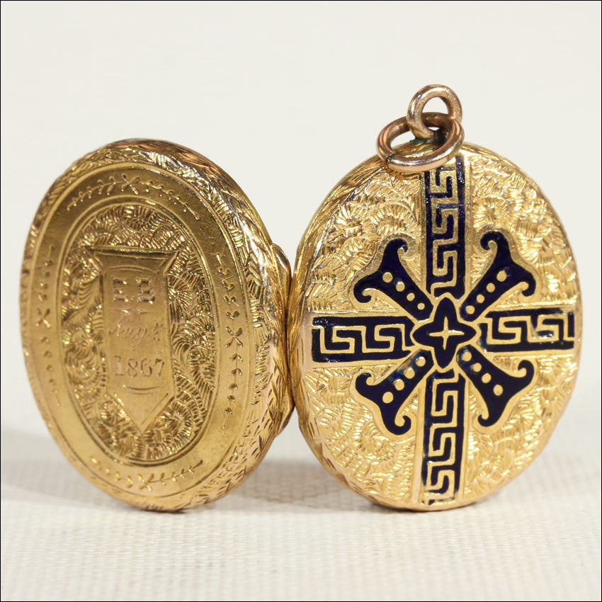 Victorian Enameled 15k Gold Locket, Dated 1867