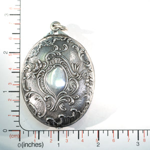 French Silver Repousse Compact Slide Locket Pendant Antique