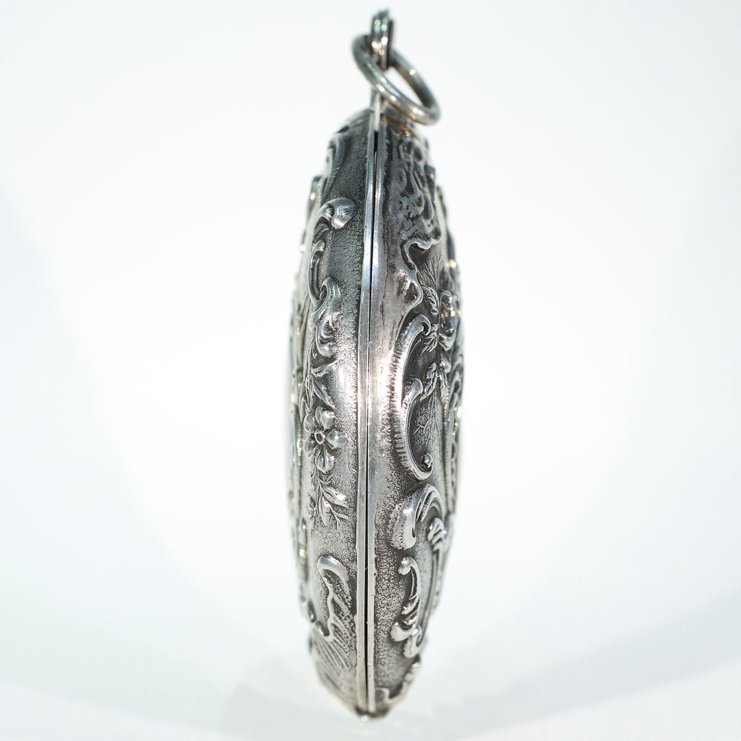 French Silver Repousse Compact Slide Locket Pendant Antique