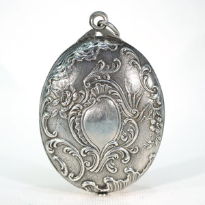 French Silver Repousse Compact Slide Locket Pendant Antique