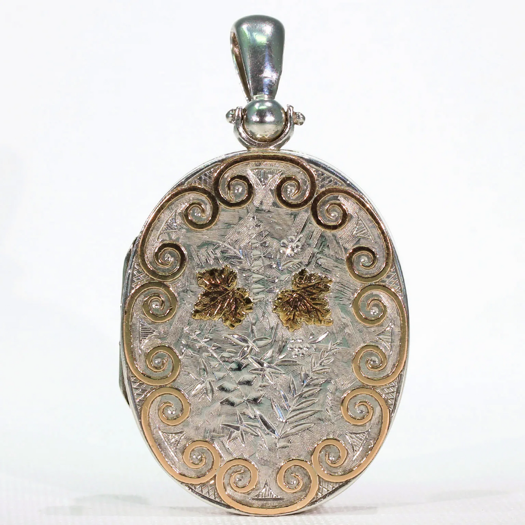 Large Sterling Silver Victorian Locket Pendant Gold Accents