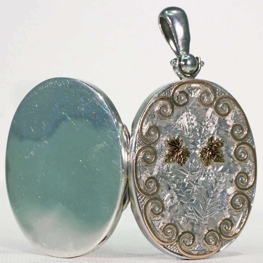Large Sterling Silver Victorian Locket Pendant Gold Accents
