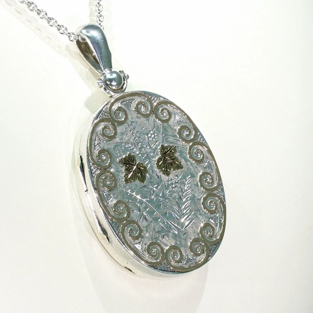 Large Sterling Silver Victorian Locket Pendant Gold Accents