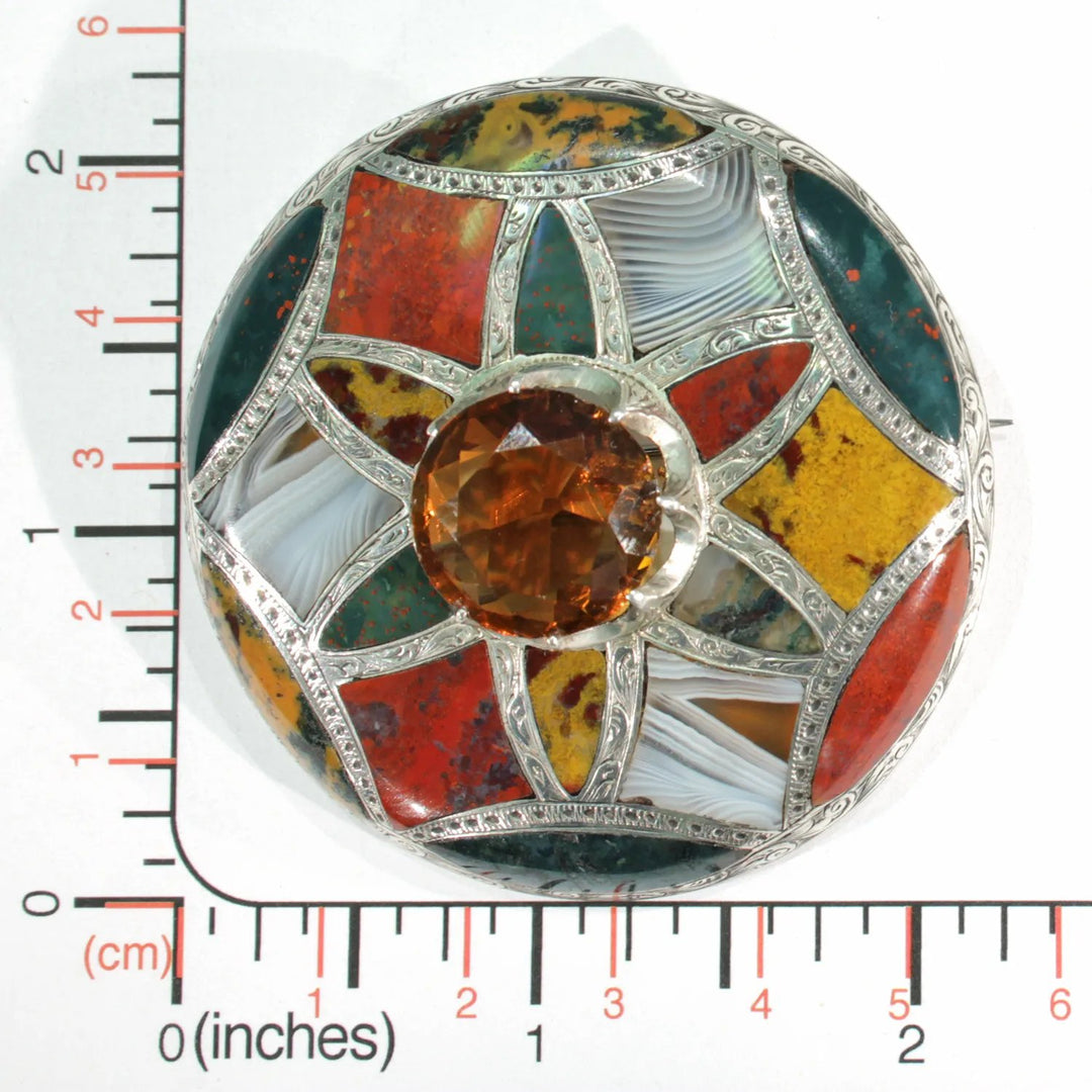 Large Victorian Scottish Inlaid Pebble Brooch Sterling Silver