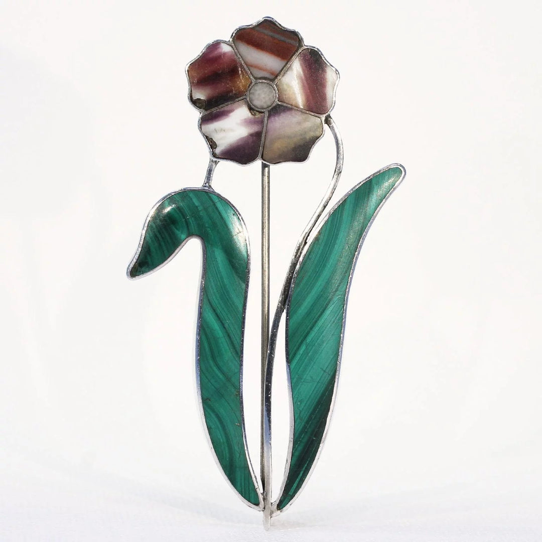 Large Victorian Scottish Pebble Brooch Pin Silver Malachite Blue John Agate