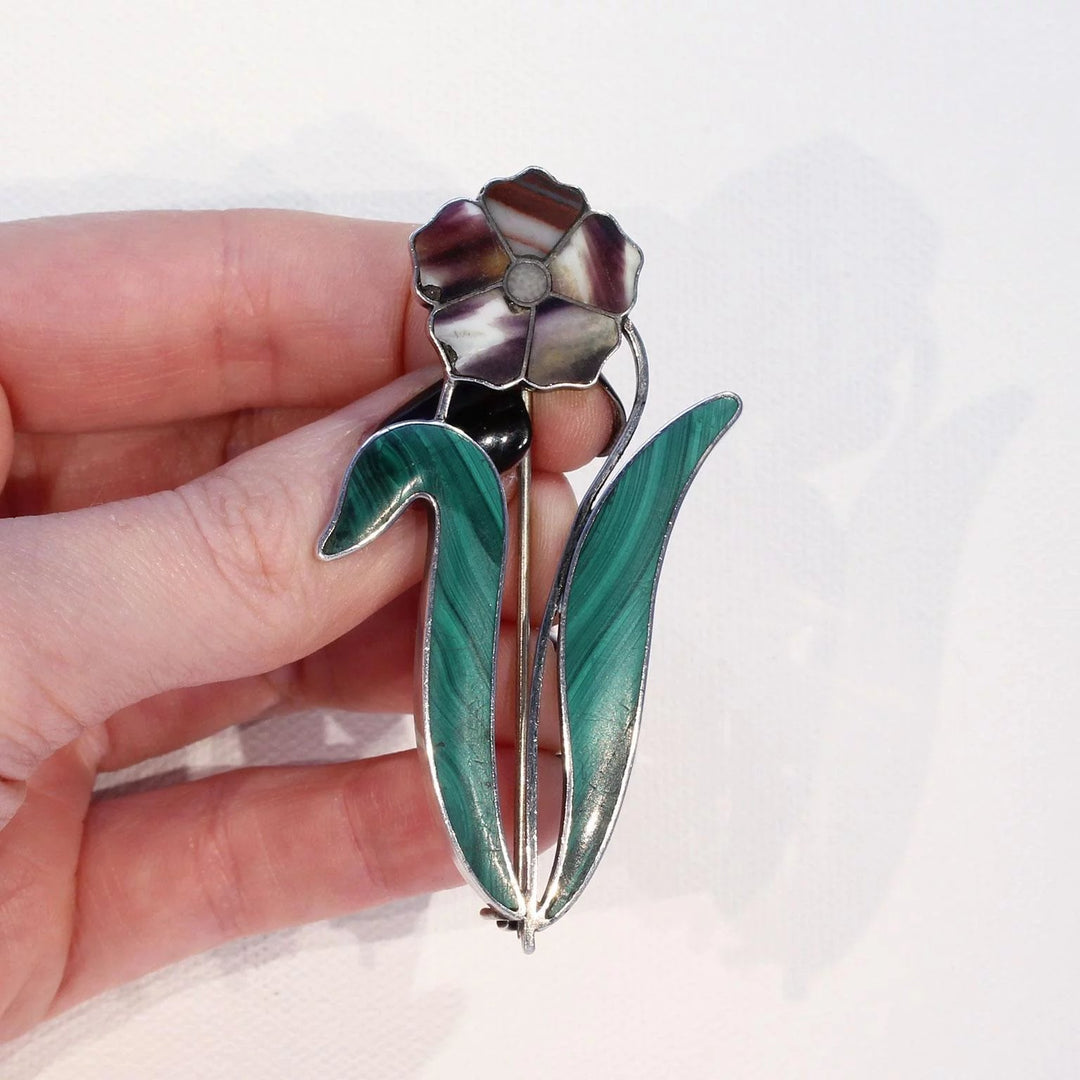 Large Victorian Scottish Pebble Brooch Pin Silver Malachite Blue John Agate