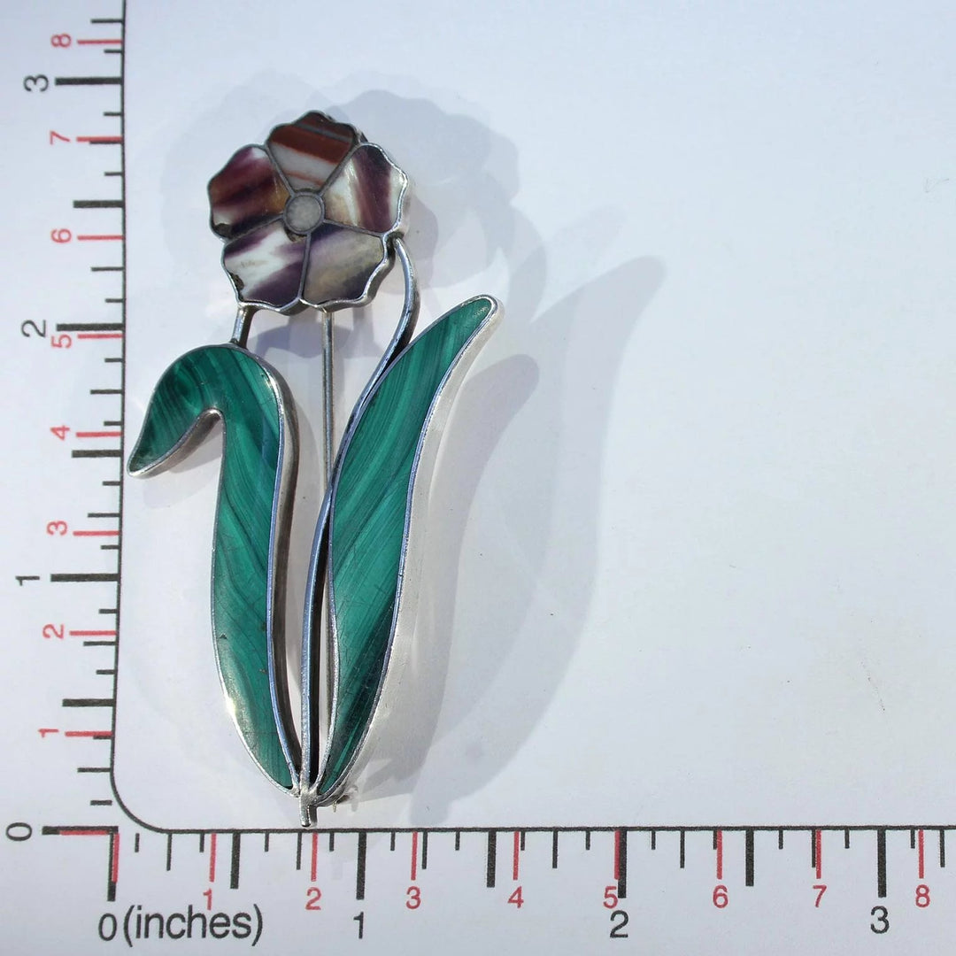 Large Victorian Scottish Pebble Brooch Pin Silver Malachite Blue John Agate