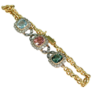 Late Victorian Gemstone Diamond Bracelet 18k Gold Tourmaline Aquamarine