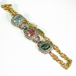 Late Victorian Gemstone Diamond Bracelet 18k Gold Tourmaline Aquamarine