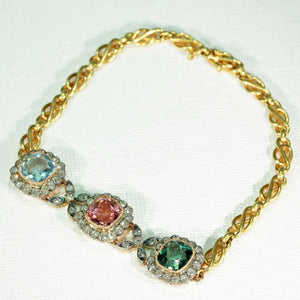 Late Victorian Gemstone Diamond Bracelet 18k Gold Tourmaline Aquamarine