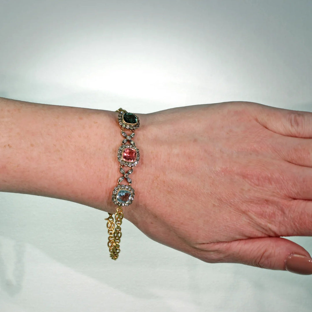 Late Victorian Gemstone Diamond Bracelet 18k Gold Tourmaline Aquamarine