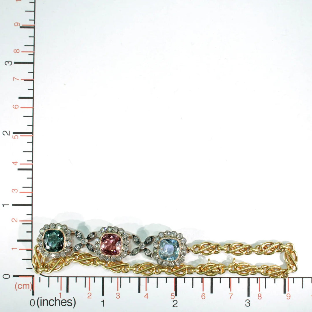 Late Victorian Gemstone Diamond Bracelet 18k Gold Tourmaline Aquamarine