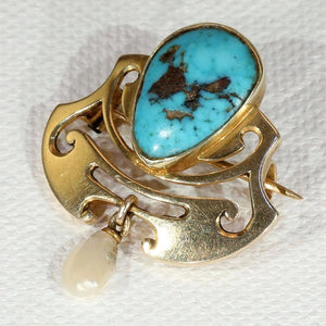 Murrle Bennet and Co. Art Nouveau Turquoise Gold Brooch Pin Pearl Drop