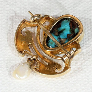 Murrle Bennet and Co. Art Nouveau Turquoise Gold Brooch Pin Pearl Drop