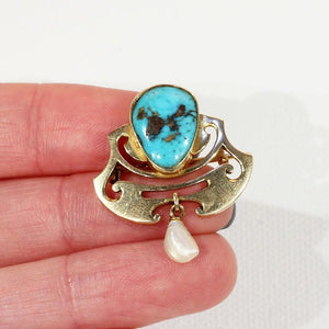 Murrle Bennet and Co. Art Nouveau Turquoise Gold Brooch Pin Pearl Drop