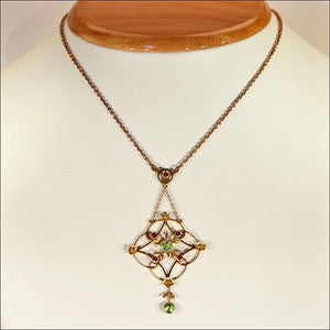 Antique Edwardian Peridot and Garnet Necklace in 9k Gold