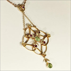 Antique Edwardian Peridot and Garnet Necklace in 9k Gold