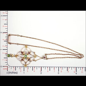 Antique Edwardian Peridot and Garnet Necklace in 9k Gold