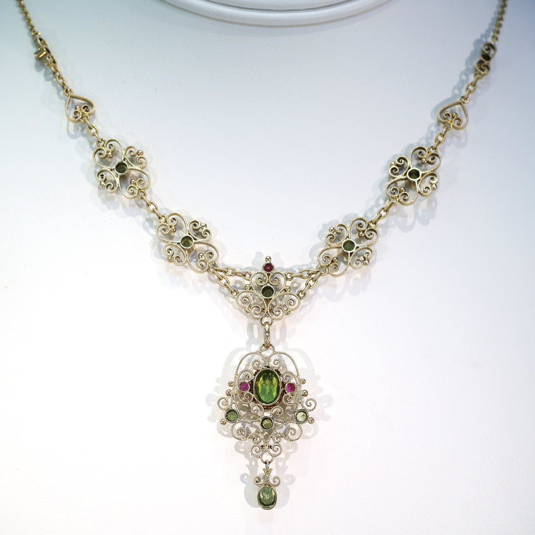 Suffragette Necklace Murrle Bennett and Co. 15k Gold Peridot Ruby Edwardian