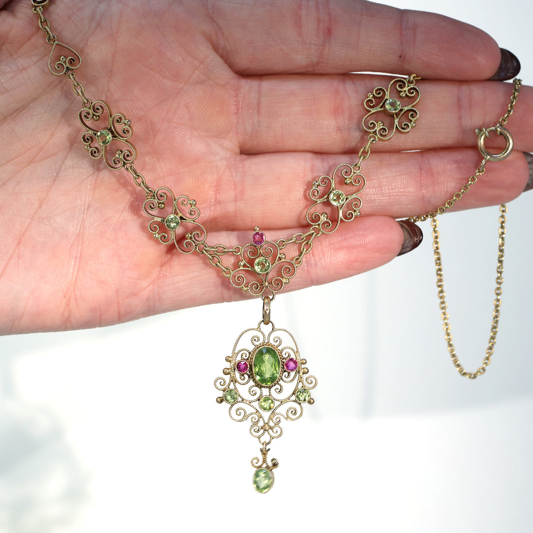 Suffragette Necklace Murrle Bennett and Co. 15k Gold Peridot Ruby Edwardian