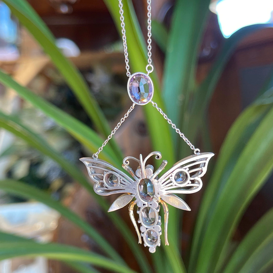 Antqiue Silver Amethyst Pearl Butterfly Drop Necklace