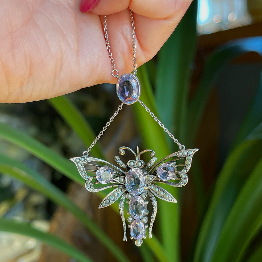 Antqiue Silver Amethyst Pearl Butterfly Drop Necklace