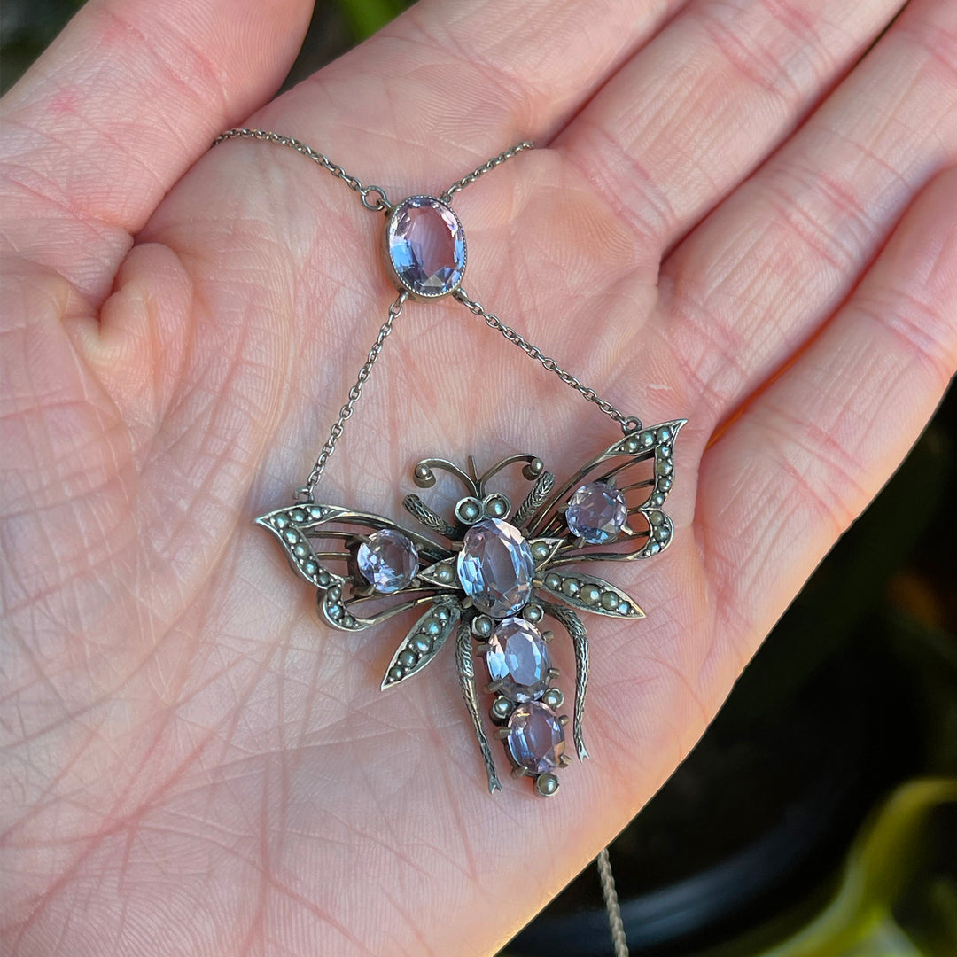 Antqiue Silver Amethyst Pearl Butterfly Drop Necklace