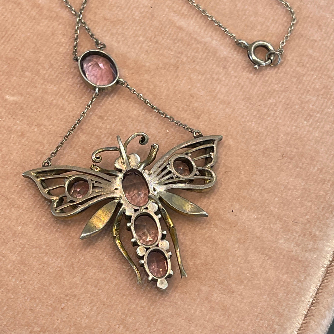 Antqiue Silver Amethyst Pearl Butterfly Drop Necklace