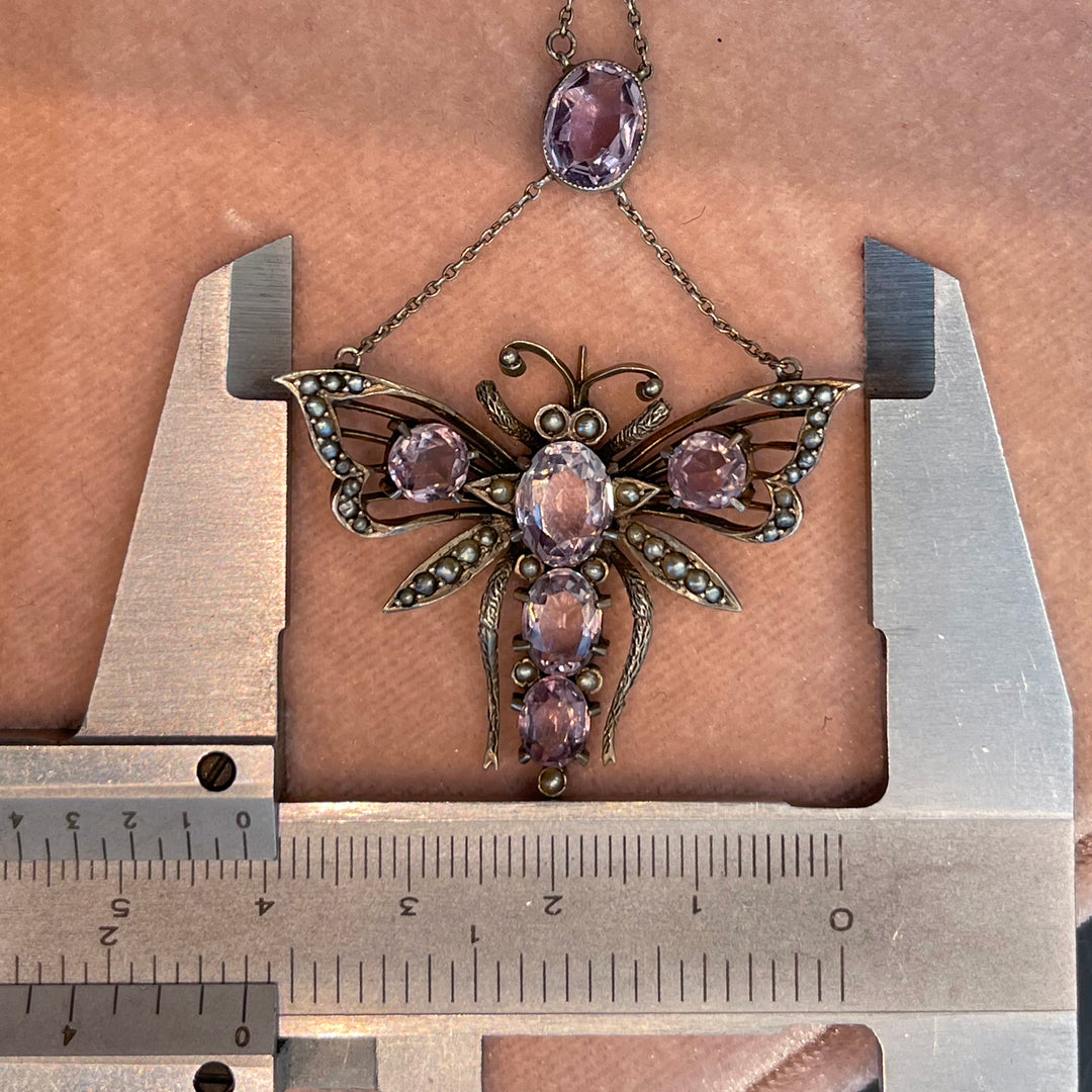 Antqiue Silver Amethyst Pearl Butterfly Drop Necklace
