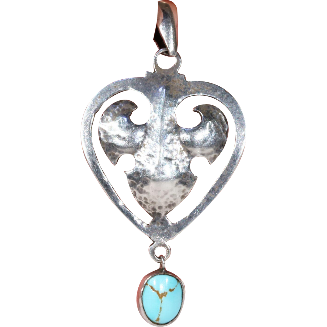 Antique Arts & Crafts Silver Turquoise Pendant Hammered