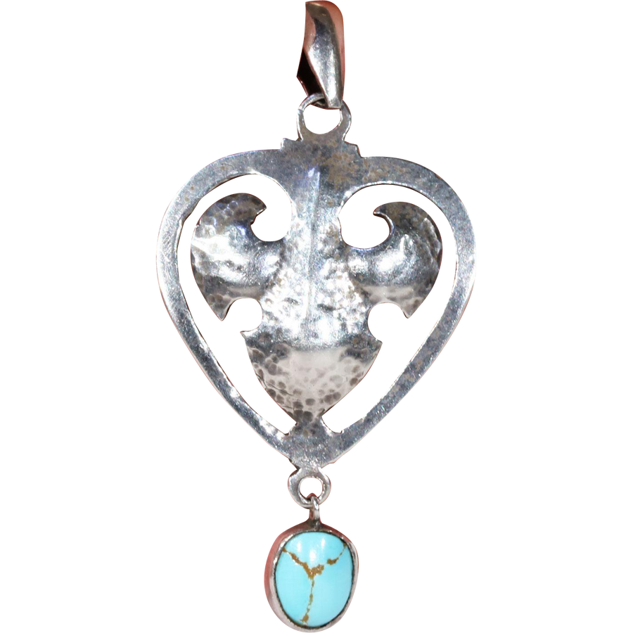Antique Arts & Crafts Silver Turquoise Pendant Hammered