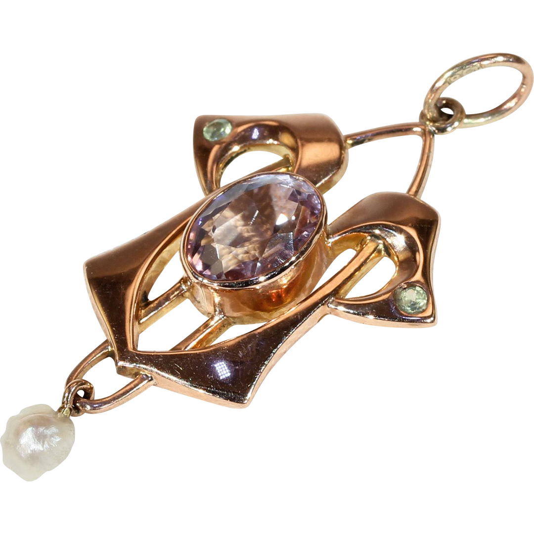 Antique Art Nouveau Pendant Amethyst Peridot Pearl